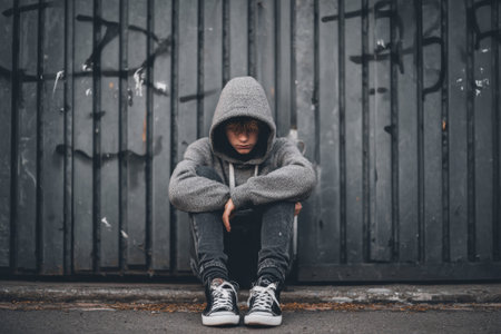 Young man wearing a hooded sweatshirt showing despair and loneliness sitting on the ground in front of a metal doorの素材
