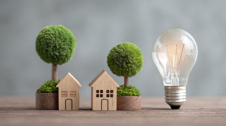 Miniature wooden houses and trees alongside a lit lightbulb represent eco-friendly energy and sustainable livingの素材