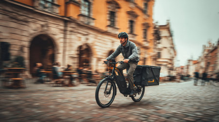 Courier riding an electric cargo bike, delivering goods through the charming streets of a historic European city centerの素材