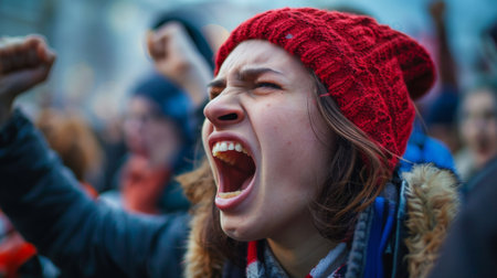 Young woman in a red hat shouting passionately and raising her fist amid a vibrant crowd during a powerful street demonstrationの素材