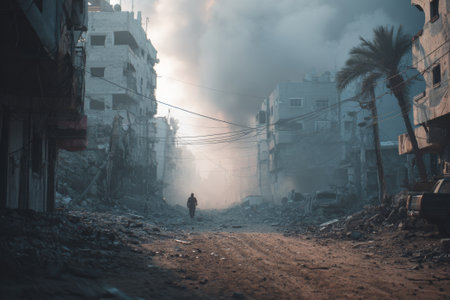Smoke rising from destroyed buildings as a lone man walks down a deserted street in war-torn Gaza, Palestineの素材
