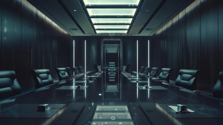 Empty conference room exuding power and secrecy, hinting at clandestine meetings of a powerful eliteの素材