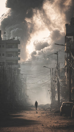 Lone man walks down a destroyed street in gaza city, smoke rising from the rubble in the aftermath of bombingの素材