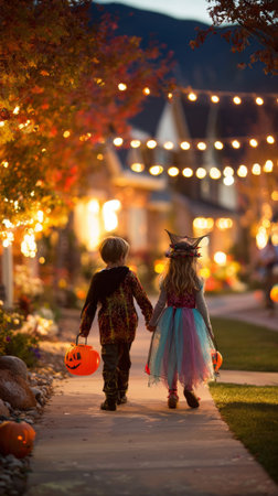Two young kids holding hands, dressed up in costumes, and carrying pumpkin baskets while trick-or-treating on a neighborhood sidewalk at duskの素材