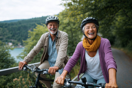 Smiling senior couple wearing helmets, enjoying a bike ride through beautiful landscapes filled with trees, lakes, and mountainsの素材