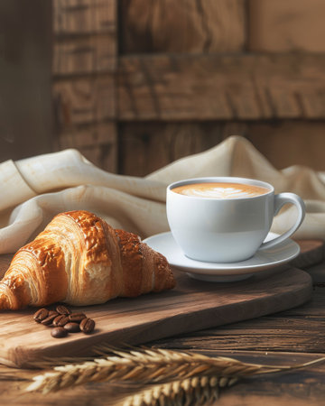 Golden croissant and aromatic cappuccino served on wooden board, creating inviting breakfast sceneの素材