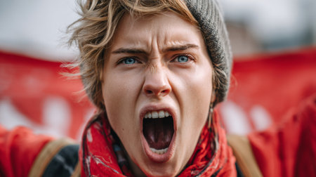 Young woman shouting with intense expression during a protest, passionately holding a red banner while advocating for freedom and rightsの素材