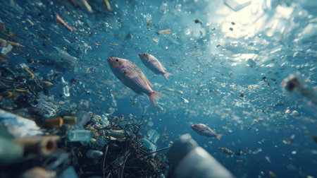 Plastic pollution endangering marine life, with fish navigating through debris and waste in the ocean, highlights a growing environmental crisisの素材