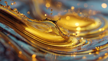 Golden liquid splashing and creating concentric ripples, with beautiful bokeh in the backgroundの素材
