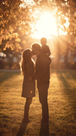 Parents kissing in a park at sunset while holding their child on shoulders, enjoying a warm autumn dayの素材