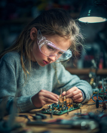 Focused girl working on electronics project, soldering components onto a circuit board while wearing safety glassesの素材