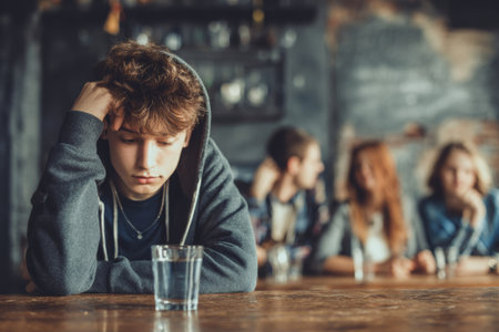 Sad teenager feeling excluded at pub while his friends are socializing and having fun, illustrating concept of youth depression and social isolationの素材