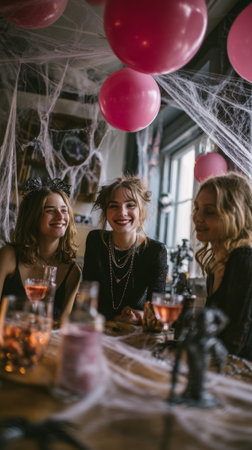Three young women celebrating at a halloween party, surrounded by spooky decorations and cheerful pink balloons, radiating joy and friendshipの素材