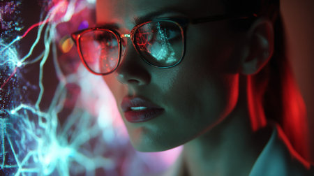 Close-up of a scientist wearing glasses, interacting with a futuristic ai interface reflecting in the lenses, showing innovation in technologyの素材
