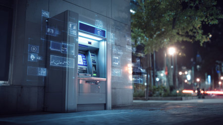 Futuristic atm showing a contactless payment system with a hologram user interface, integrating advanced fintech featuresの素材