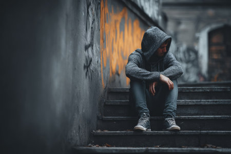 Sad teenager experiencing loneliness and depression while sitting on steps in a graffiti-covered urban environmentの素材