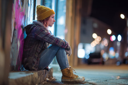 Sad young woman sitting alone on a sidewalk in a city at night, experiencing loneliness and depressionの素材