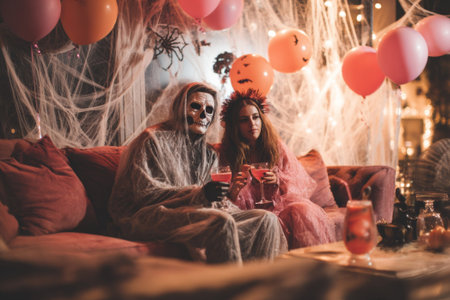 Couple wearing costumes toasting cocktails, celebrating halloween together at house party with spooky decorationsの素材