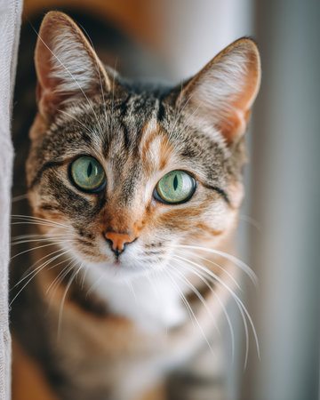 Tabby cat with striking green eyes peers curiously from behind a curtain, illuminated by gentle window lightの素材