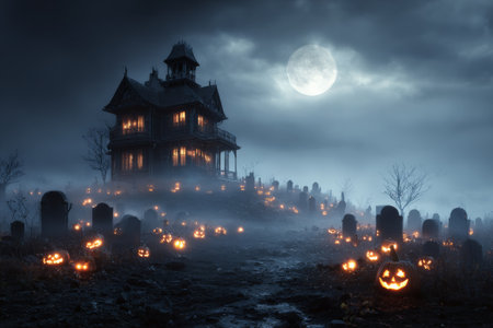 Jack-o'-lanterns illuminating foggy cemetery with haunted house on hill under full moon, creating spooky halloween sceneの素材