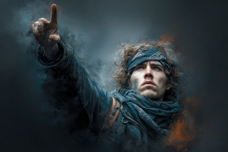 Revolutionary soldier points towards the sky amidst a smoky battlefield, embodying courage and determinationの素材