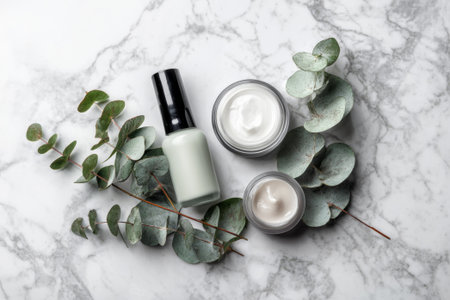 Natural cosmetic products like serum, cream, and lotion arranged on a marble background with eucalyptus, promoting organic beauty and skincare conceptsの素材