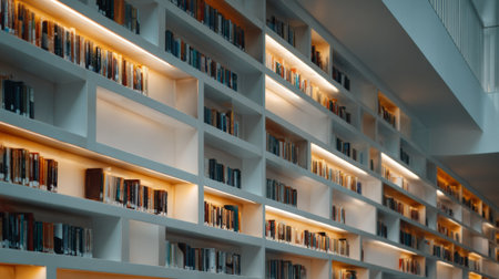 Warm lighting illuminating bookshelves in a modern library creates a cozy atmosphere for reading and learningの素材