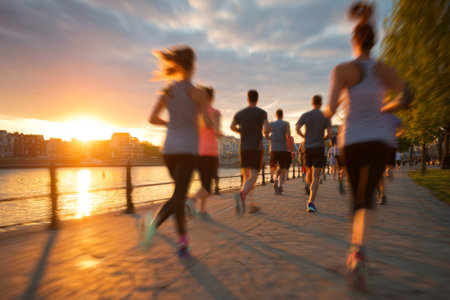 People running along a riverbank at sunset, enjoying exercise and promoting mental wellbeing through mindfulnessの素材