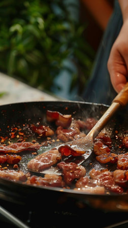 Close-up view of sizzling bacon slices in a pan, cooked by a chef using a wooden spatula, creating a deliciously crispy aromaの素材