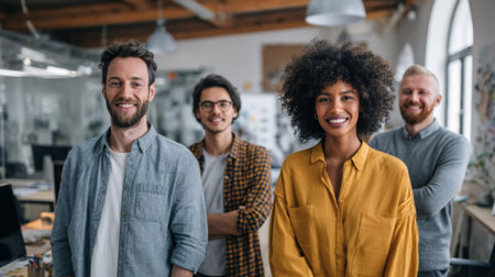 Multi-ethnic creative business team smiling and collaborating in their modern co-working office, embodying teamwork and unity in the workplaceの素材