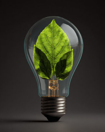 Light bulb containing green leaves symbolizing eco-friendly energy, sustainable practices, and environmental conservationの素材