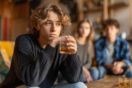 Sad teenager drinking alcohol and feeling lonely while his friends are talking in the backgroundの素材
