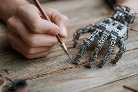 Close-up of a technician using a precision tool to repair a bionic hand, showing the intricate details of its mechanicsの素材