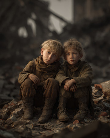 Two young refugees finding solace amidst the rubble and devastation of their war-torn city, a poignant symbol of resilience and innocence lostの素材