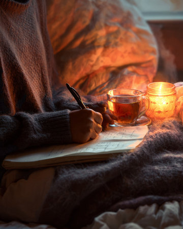 Woman enjoying a cozy evening, writing on a notebook by the warm glow of candlelight, with a cup of tea adding to the peaceful ambianceの素材