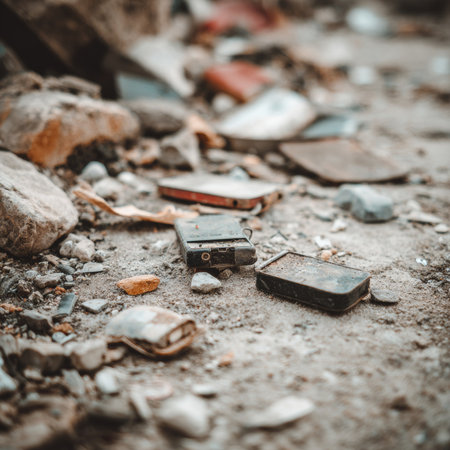 Dusty ground covered with broken personal belongings such as lighters and mobile phones after a devastating earthquakeの素材