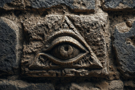 Close-up of eye of providence carved in ancient stone wall, representing concepts of god watching over humanity, secret societies, and new world orderの素材