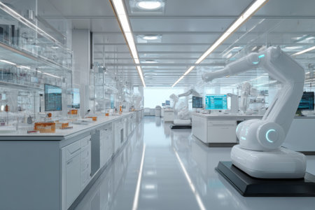 Futuristic laboratory featuring robotic arms conducting experiments and research, showcasing automation in modern medical scienceの素材