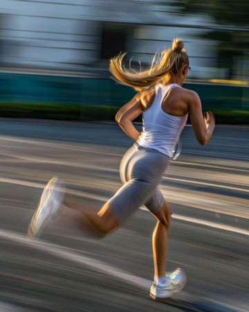 Female athlete is running on a city track, captured with a motion blur effect that emphasizes her speed and dynamismの素材