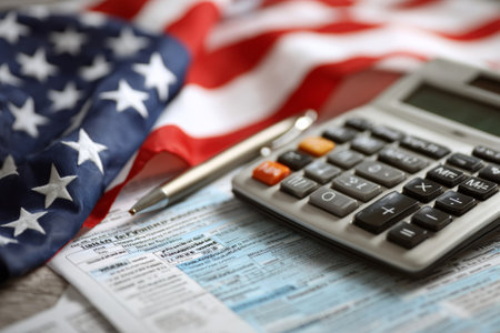 Tax form, calculator, and pen resting on American flag, representing financial planning, tax season, and government revenueの素材
