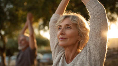 Mature woman practicing yoga in a park, enjoying the golden hour light, promoting a healthy and active lifestyle for seniorsの素材