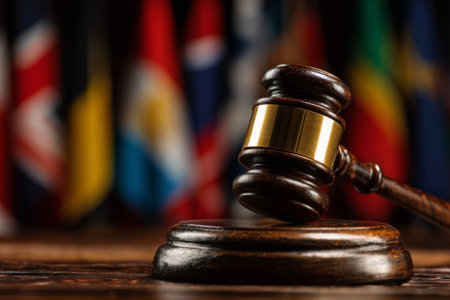 Wooden gavel hitting sound block with blurred international flags in the background, representing international law, justice, and global agreementsの素材