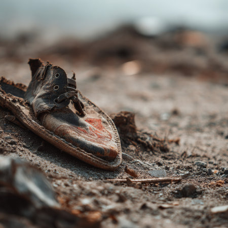 Worn-out shoe remains on dusty ground, evoking themes of poverty, loss, and difficult living conditionsの素材