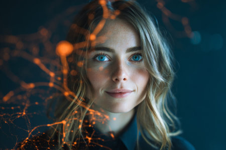 Portrait of a businesswoman with a futuristic overlay of artificial intelligence network, symbolizing the integration of ai in business strategiesの素材
