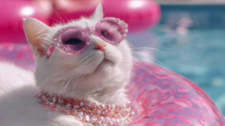 White cat wearing pink sunglasses and pearl necklace, relaxing on a pink inflatable ring in a swimming pool, enjoying summerの素材