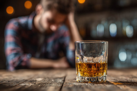Glass of whiskey on counter with blurred young man suffering from alcoholism sitting at pub counterの素材