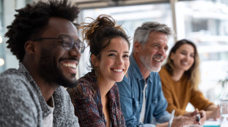 Happy multi-ethnic colleagues enjoying brainstorming session, sharing new ideas and working together on project strategy in modern officeの素材