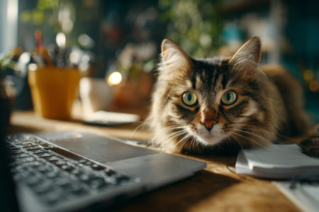 Playful cat interrupting owner's workflow by sitting on laptop keyboard, a common scene in home officesの素材