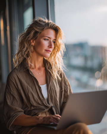 Thoughtful entrepreneur working on a laptop near a window in a modern office, enjoying natural light and city viewsの素材