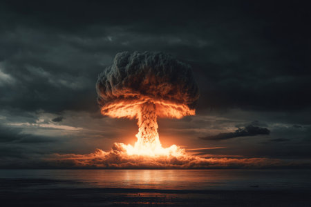 Mushroom cloud rising over water after devastating nuclear explosion, illustrating devastating effects of atomic warfareの素材